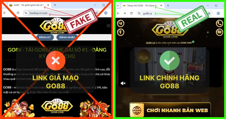 Trang chủ Go88.com thật có giao diện gọn gàng và bố cục cân đối, còn trang giả của Go88.com thường lộn xộn và thiếu chi tiết.
